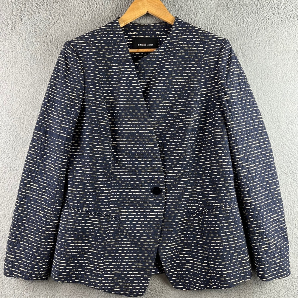 Lafayette 148 New York Navy White Patterned Collarless Blazer Jacket Size 12